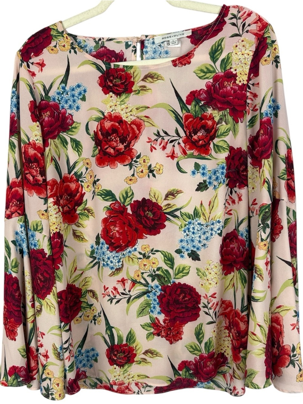 Rose + Olive Floral Boho Garden Party Crew Neck Bell Sleeve Pink Large Blouse